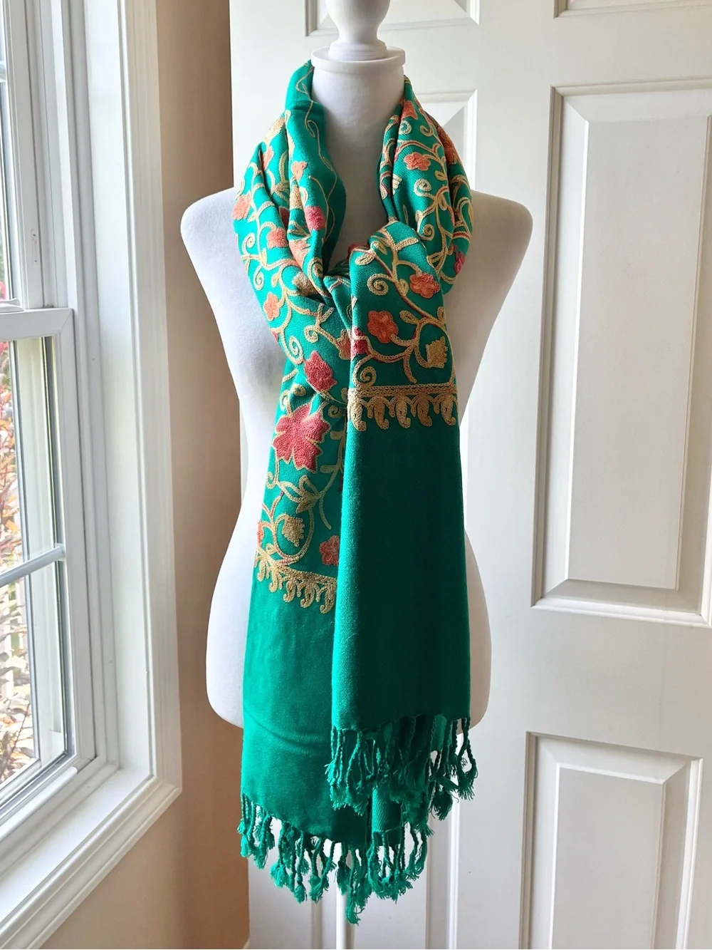 Green  Embroidered Large Scarf Shawl Wrap with Fringe Fall Leaf Motif Green